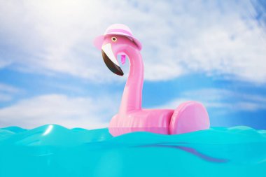 Suda yüzen pembe daireli flamingo. 3d hazırlayıcı.
