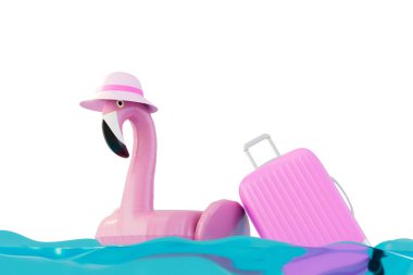 Flamingo şişirilebilir yüzük ve suda yüzen bavul. 3d hazırlayıcı.