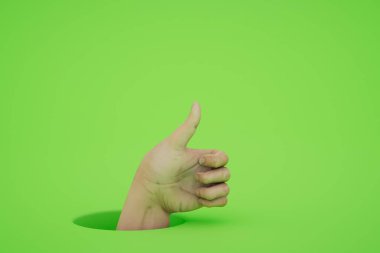 Yeşil arka planda başparmağı olan bir el. 3 Boyutlu Hazırlama.