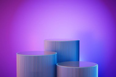 Pastel arka plana mal yerleştirmek için yuvarlak podyumlar. kopyalama alanı. 3 Boyutlu Hazırlama.