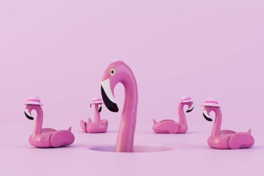 Pastel arka planda şişme pembe flamingolar. 3d hazırlayıcı.