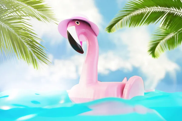Concept Summer Vacation Pink Circle Flamingo Floating Water Render — Stock Photo, Image