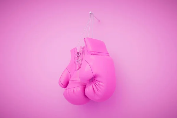 Hanging pink womans boxing gloves isolated on pastel background. 3d render.