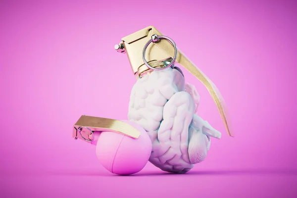 Взрыв Мозга Граната Виде Мозга Рядом Розовой Гранатой Пастельном Фоне — стоковое фото