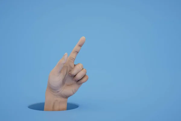 Una Mano Con Dedo Índice Levantado Sobre Fondo Azul Renderizado — Foto de Stock