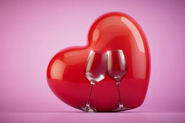 Concetto Serata Romantica Cuore Bicchieri Vino Sfondo Pastello Rendering — Foto Stock