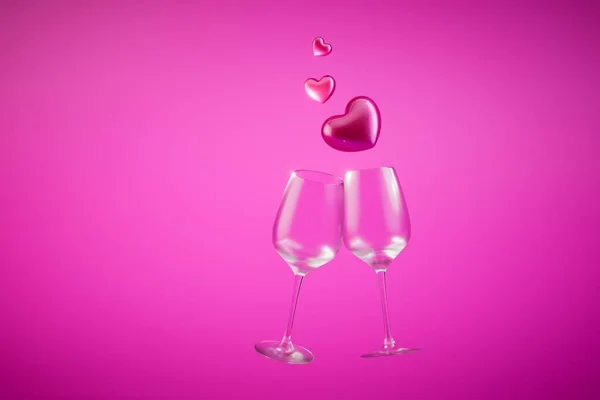 Egy Romantikus Este Koncepciója Szív Pohár Bor Rózsaszín Háttérrel Renderelés — Stock Fotó