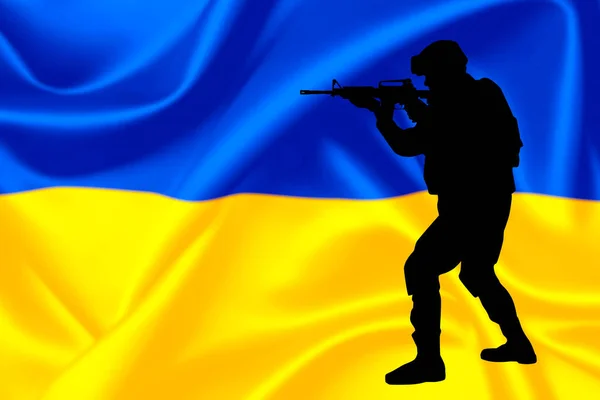 Війна Україні Солдат Зброєю Тлі Прапора України Render — стокове фото