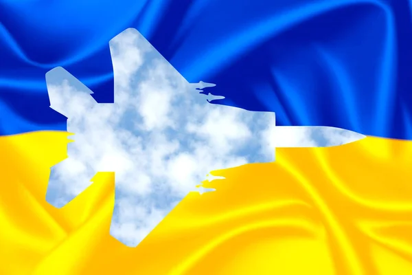 Het Vliegtuig Tegen Achtergrond Van Vlag Van Oekraïne Kopieer Plakken — Stockfoto