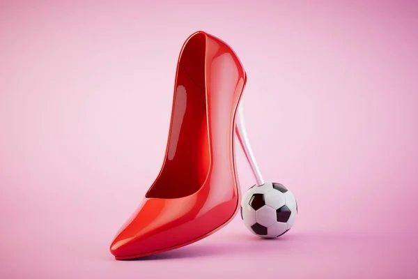 The concept of women's football. A red heeled shoe steps on a soccer ball. 3D render.