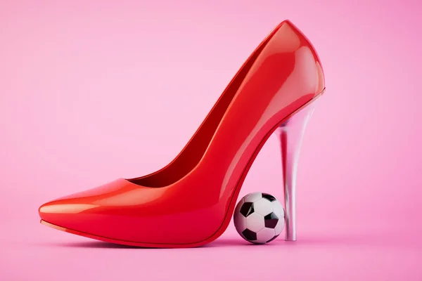 Playing women\'s football. A red heeled shoe and a soccer ball on a pastel background. 3D render.