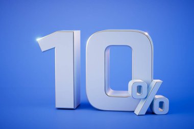 Popüler ürünlerde indirim. Mavi arka planda% 10 harf var. 3 Boyutlu Hazırlama.