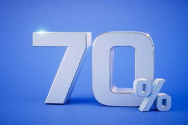 Son satış konsepti. Mavi arka planda% 70 harf var. 3 Boyutlu Hazırlama.