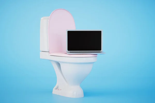 Good Earnings Home Laptop Standing Toilet Bowl Blue Background Render — Stock Photo, Image