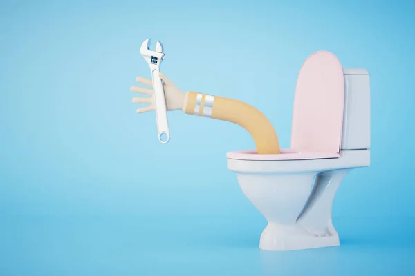 Tesisat Işini Yürütmek Tuvaletinden Ngiliz Anahtarı Çıkan Bir Boyutlu Hazırlama — Stok fotoğraf