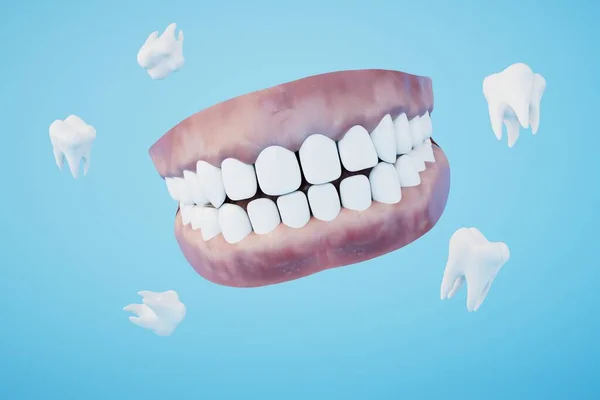 Het Concept Van Tandheelkundige Behandeling Tanden Vliegen Een Blauwe Achtergrond — Stockfoto
