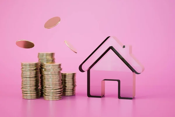 Concept Buying Real Estate House Stacks Coins Pink Background Render — Stock Photo, Image
