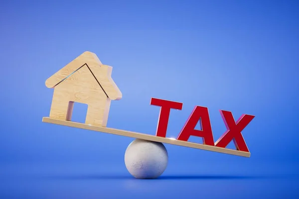 Alto Impuesto Propiedad Casa Impuesto Inscripción Balanza Sobre Fondo Azul — Foto de Stock