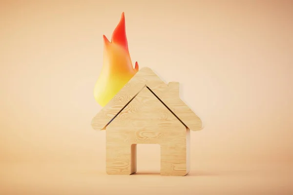 stock image The concept of a house burning in case of fire. A house on fire on a pastel background. 3D render.