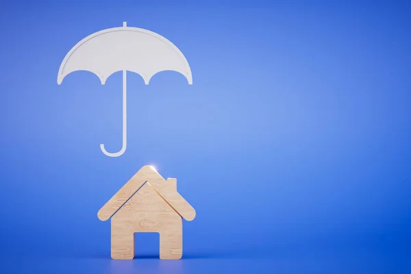 家庭保険の概念 青い背景に家のアイコンとその上の傘 3Dレンダリング ストック写真