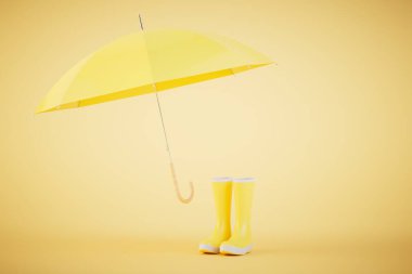 Yağmur koruması konsepti. Sarı arka planda açık bir şemsiye ve sarı lastik çizme. 3 Boyutlu Hazırlama.