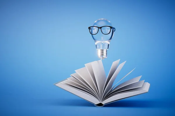 stock image generating ideas after reading the book. A book and a light bulb with glasses on a blue background. 3D render.