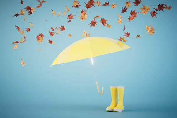 Дождливая Осенняя Погода Желтый Зонтик Резиновые Сапоги Листья Летают Повсюду — стоковое фото
