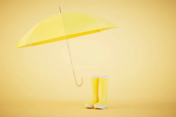 Концепция Защиты Дождя Открытый Зонтик Жёлтые Резиновые Сапоги Жёлтом Фоне — стоковое фото