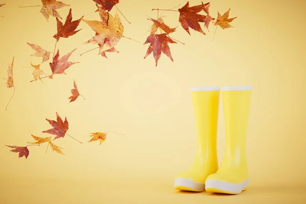 고무장화를 걷는다 노란색 부츠와 나뭇잎 렌더링 — 스톡 사진