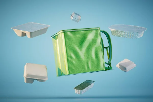 stock image containers and a bag for food delivery, scattered on a pastel background. 3D render.