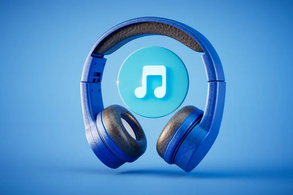 ヘッドフォンでお気に入りの音楽を聴いてください ヘッドフォンと青い背景の音楽アイコンです 3Dレンダリング — ストック写真