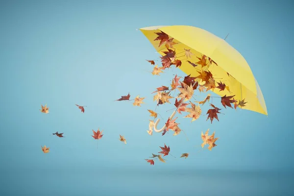 Het Concept Van Herfstregens Een Open Gele Paraplu Bladeren Vliegen Stockafbeelding