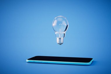 Modern akıllı telefon arka planında ampul çizimi olan yaratıcı fikir kavramı. 3d hazırlayıcı.