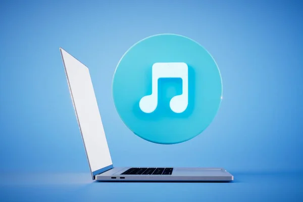 ノートパソコンでお気に入りの音楽 青い背景に開いているラップトップと音楽アイコン 3Dレンダリング — ストック写真