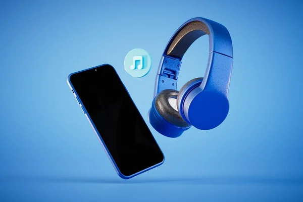 スマートフォンで音楽を聴く 青い背景のスマートフォンとヘッドフォンです 3Dレンダリング — ストック写真