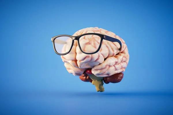 思考思想的概念 戴蓝色背景眼镜的大脑3D渲染 — 图库照片