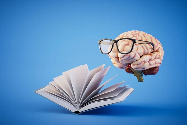 Concetto Apprendimento Continuo Libro Aperto Cervello Con Occhiali Sfondo Blu — Foto Stock