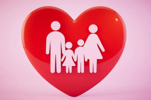 为整个家庭提供人寿保险 一个家庭的轮廓和一个粉色背景的心脏 3D渲染 — 图库照片