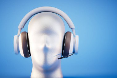 Müzikal stereo kulaklıklı plastik beyaz manken kafası, mavi arka planda yakın plan. 3d hazırlayıcı.