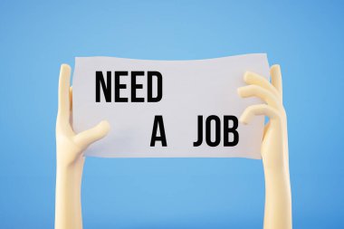 Elleri boş duran bir adamın mavi arka planda izole edilmiş bir işe ihtiyacı var. 3d hazırlayıcı.