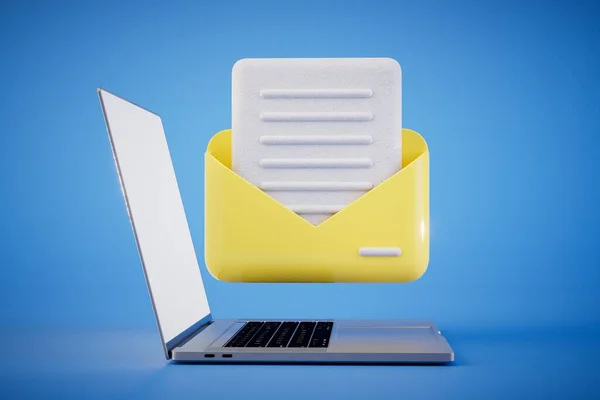 Concept Communication Emails Laptop Envelope Letter Blue Background Render — Stock Photo, Image