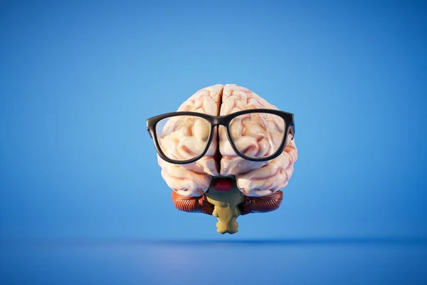 持续学习的概念 戴蓝色背景眼镜的大脑3D渲染 — 图库照片