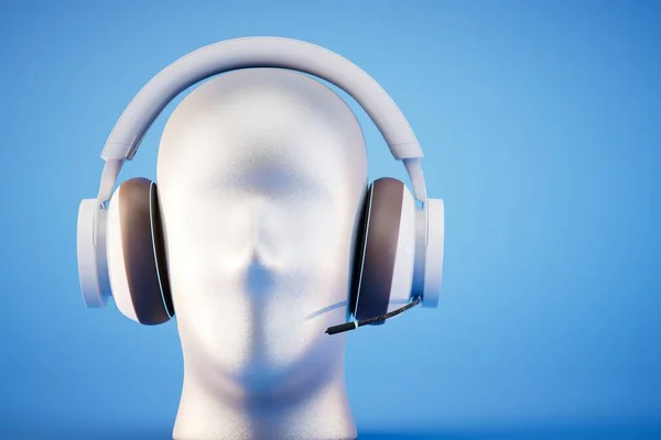 音楽用ステレオヘッドフォンを備えたプラスチック製の白いマネキンの頭は 青い背景で閉じます 3Dレンダリング — ストック写真