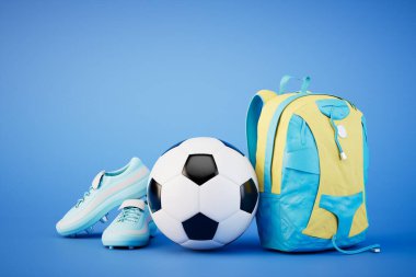 Okul futbol takımı. Futbol ayakkabıları, bir top ve mavi arka planda bir sırt çantası. 3 Boyutlu Hazırlama.