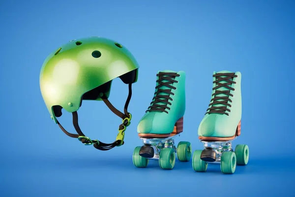 Активный Спорт Ролики Зеленый Защитный Шлем Синем Фоне Рендеринг — стоковое фото