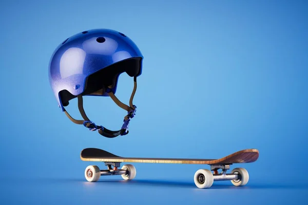 Концепция Экстремального Спорта Синий Скейтборд Защитный Шлем Синем Фоне Рендеринг — стоковое фото