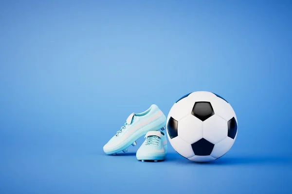Das Konzept Des Profifußballs Fußballschuhe Und Fußballball Auf Blauem Hintergrund lizenzfreie Stockbilder