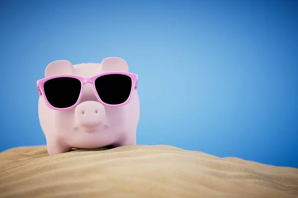 Piggy Bank Con Gafas Sol Las Vacaciones Playa Renderizar —  Fotos de Stock