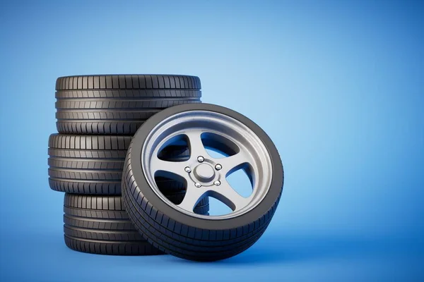 Concept Car Maintenance Tire Service Tires Wheels Blue Background Render — Stock Photo, Image