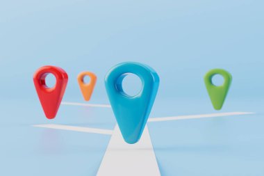 Hedefli teslimat kavramı. Yol işaretlerindeki GPS noktalarının çok renkli iğneleri. 3 Boyutlu Hazırlama.